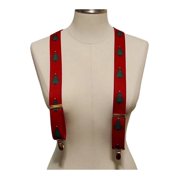 Red Holiday Christmas Tree Suspenders Elastic Adjustable CAS West Germany OS - Picture 1 of 7